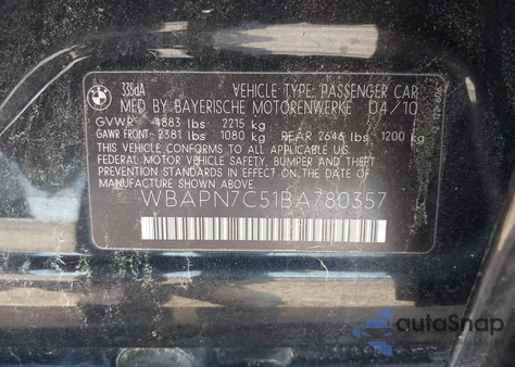 2011 BMW 335D из США, поврежденный, VIN WBAPN7C51BA780357